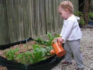 watering a no-dig garden for kids No-dig gardens are perfect for kids